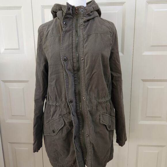 Olive Green Military Utility Parka Jacket with Sherpa Lining and Hood Medium - Picture 5 of 13
